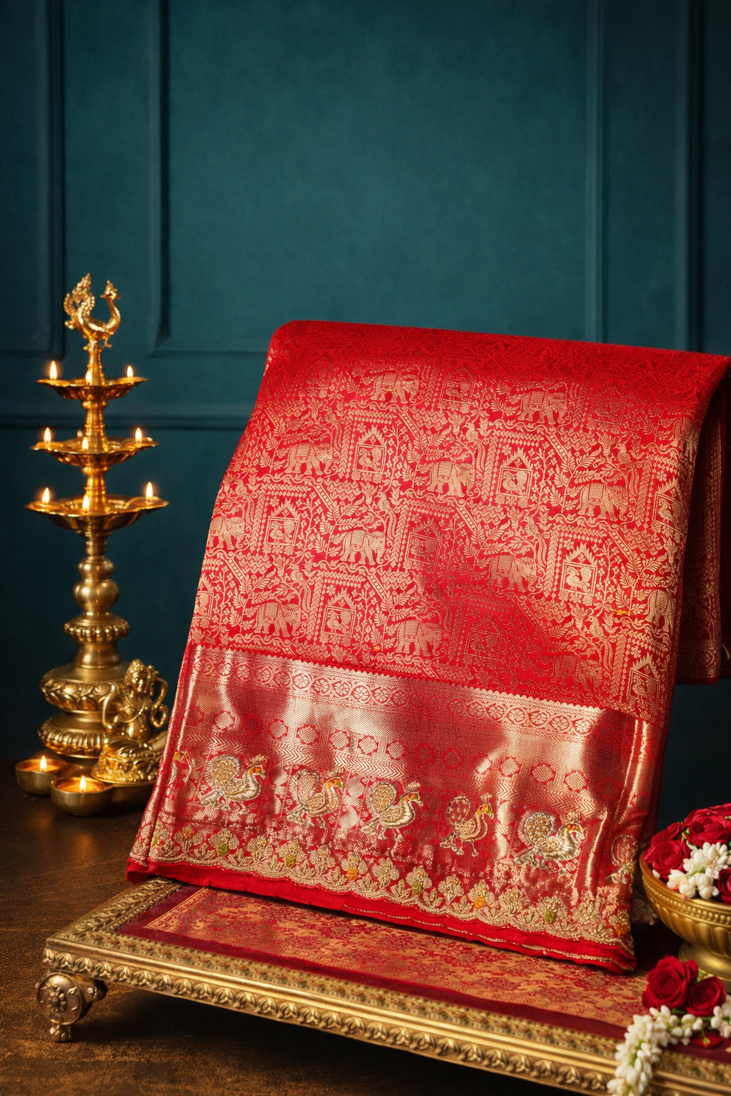"Founder Choice 041" Banarasi Royal Red Pure Kanjivaram Barik Zardozi Cut Work Border Embroidered Silk Saree