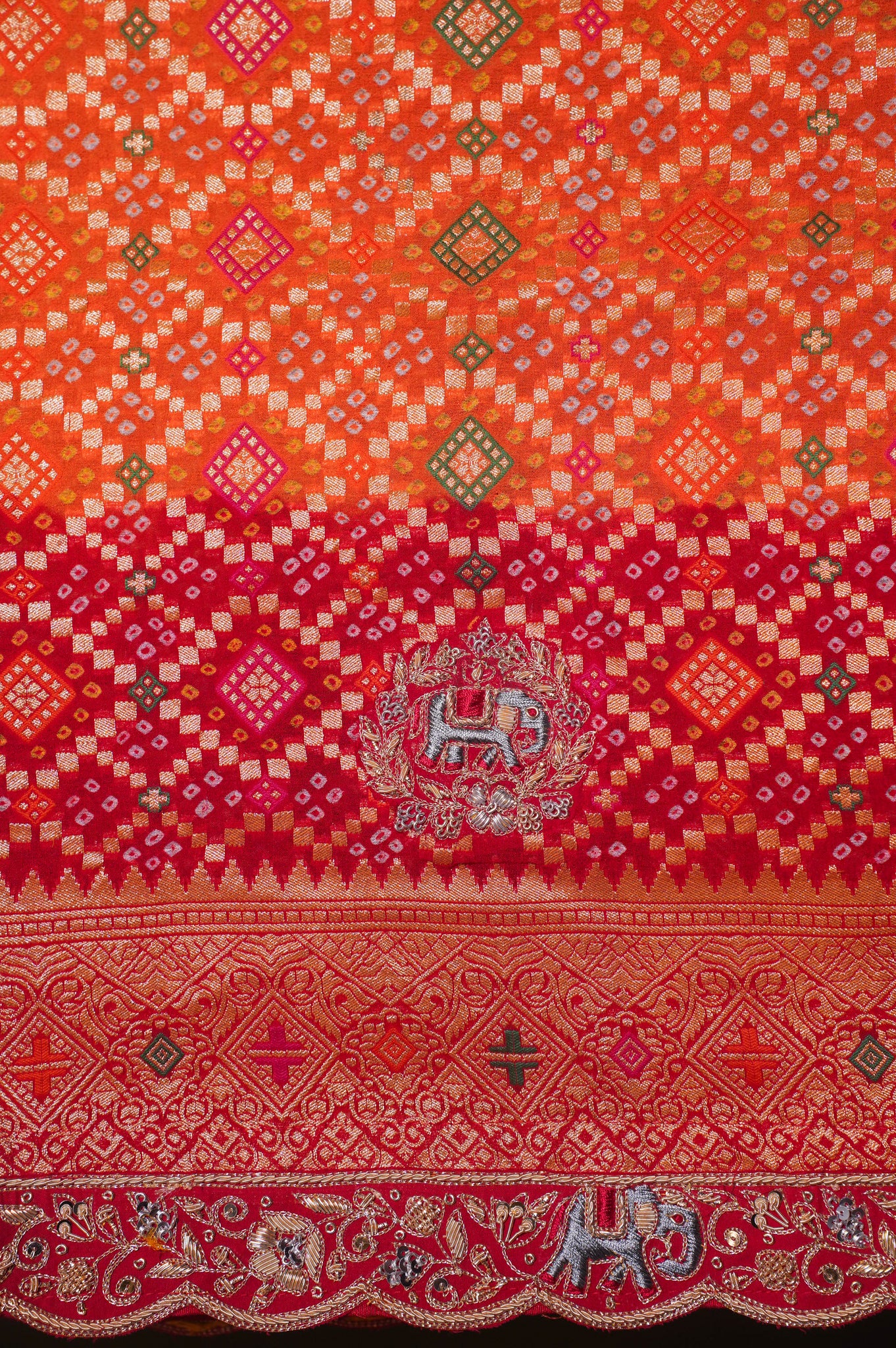 ODHANA 002: Lovely Red &amp; Orange Handcrafted Bandhani Pure Khaddi Georgette Odhana with Zari Border