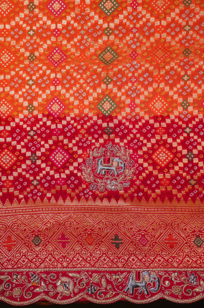 ODHANA 002: Lovely Red &amp; Orange Handcrafted Bandhani Pure Khaddi Georgette Odhana with Zari Border