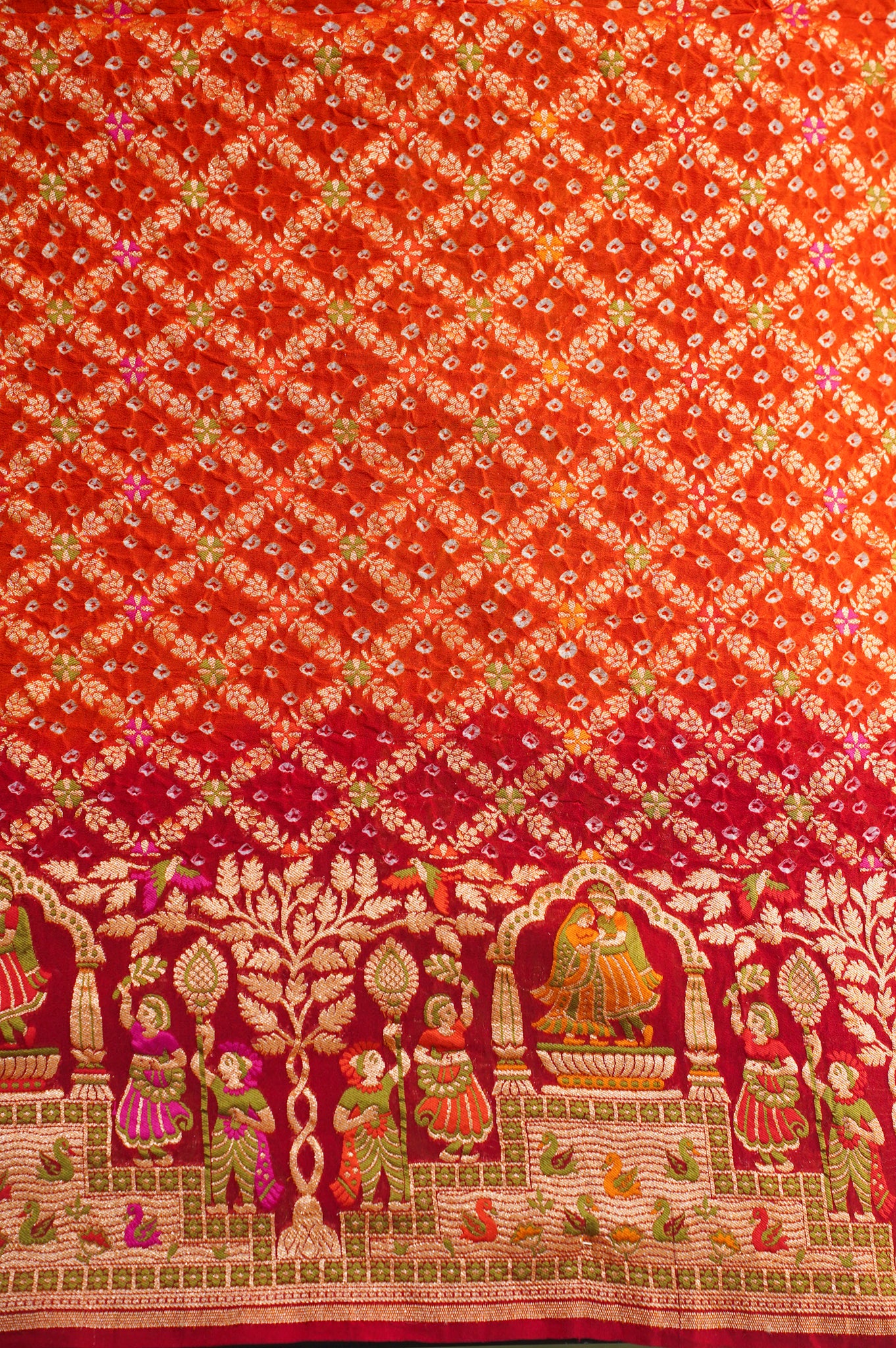 VIRASAT 345: Elegant shade of Red &amp; Orange Pure Banarasi Georgette Silk Bandhani Saree With Meenakari Work on Border
