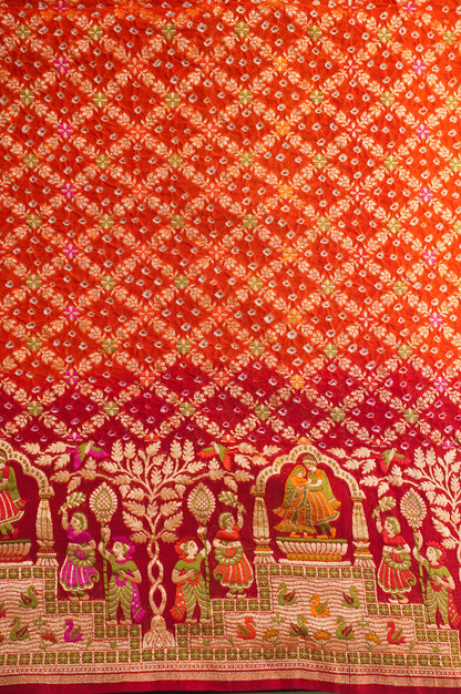 VIRASAT 345: Elegant shade of Red &amp; Orange Pure Banarasi Georgette Silk Bandhani Saree With Meenakari Work on Border