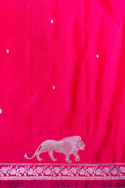 "WAAH BANARAS 111" Banarasi Red Mango Raw Silk Saree With Silver Zari Lion Motifs