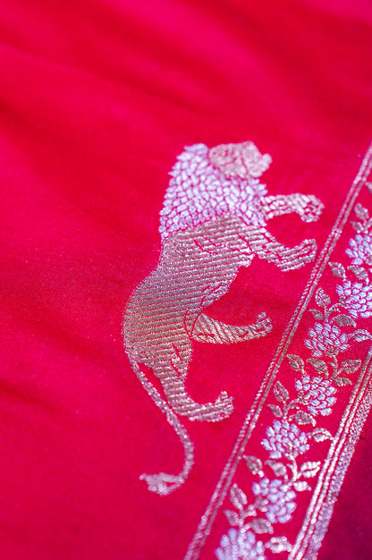 "WAAH BANARAS 111" Banarasi Red Mango Raw Silk Saree With Silver Zari Lion Motifs