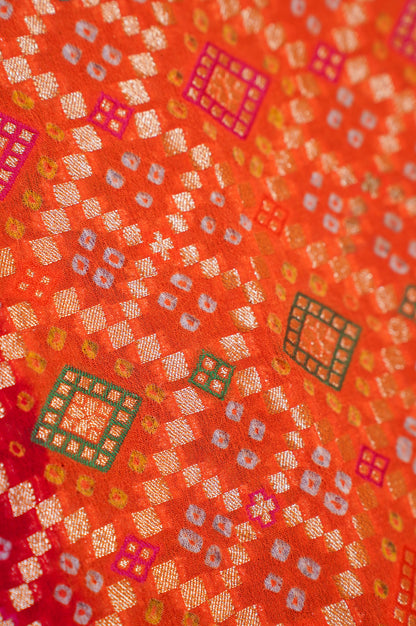 ODHANA 002: Lovely Red &amp; Orange Handcrafted Bandhani Pure Khaddi Georgette Odhana with Zari Border