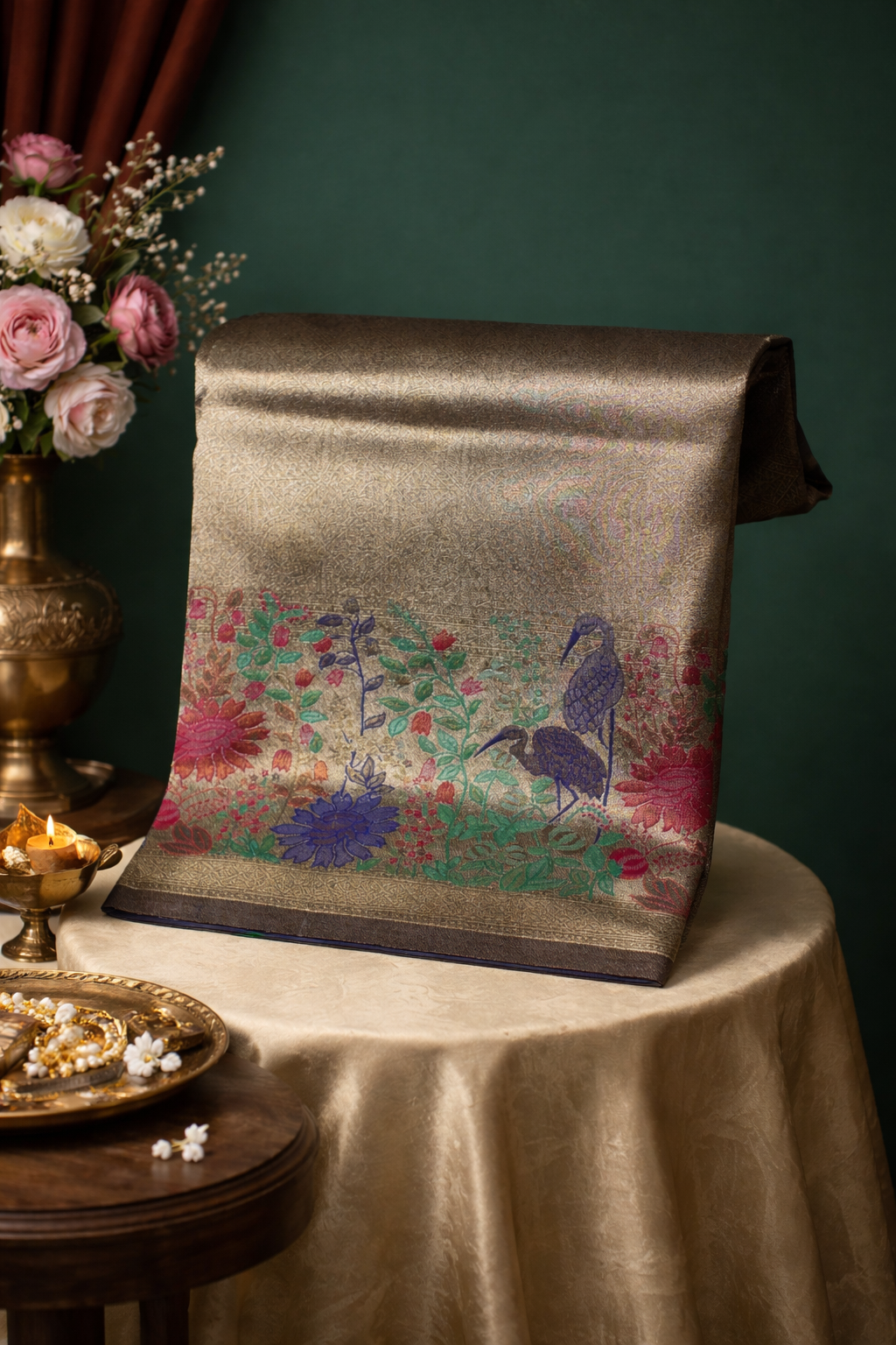 UTSAV BANARAS 350: Olive Green Brocade Tissue Silk Saree with Multicolor Peacock Meenakari Zari Border
