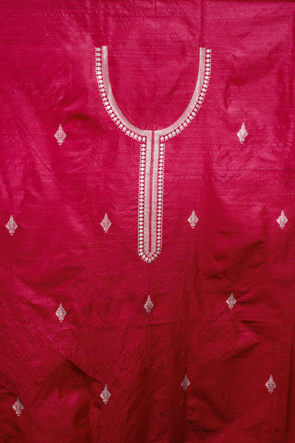 MANSI 118: Pure Red Raw Silk Unstitched Suit Set with Elegant Gold Zari Work