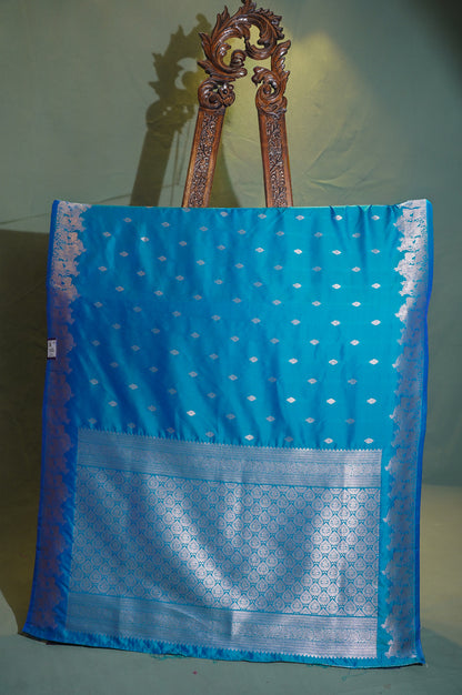 UTSAV BANARAS 312 Teal Blue Raw Silk Banarasi Saree with Zari Buti &amp; Nandi Border