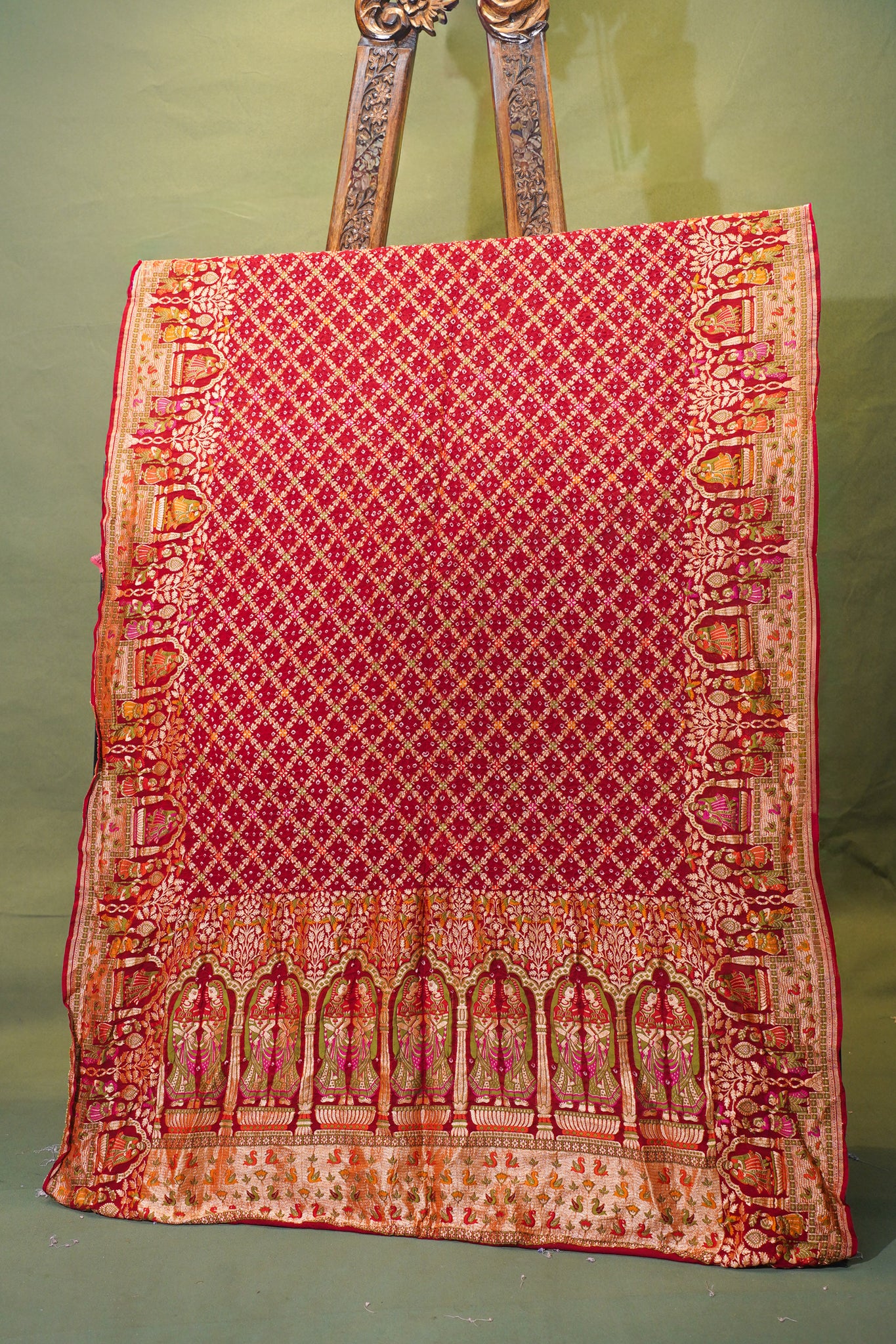 VIRASAT 347: Dulhan Red Banarasi Georgette Silk Bandhani Saree With Meenakari Work on Border