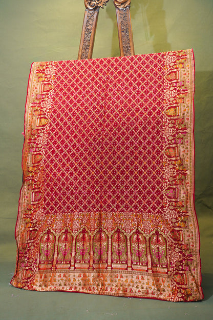 VIRASAT 347: Dulhan Red Banarasi Georgette Silk Bandhani Saree With Meenakari Work on Border