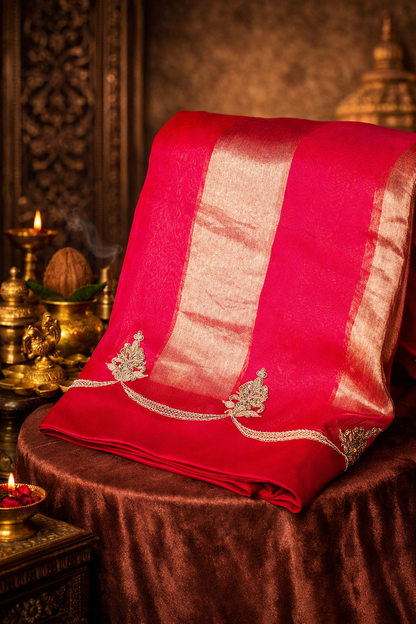 Founder Choice 030: Crimson Red Pure Organza Tissue Silk Saree With Scallop Zardozi Fina Work (Silk Certified)