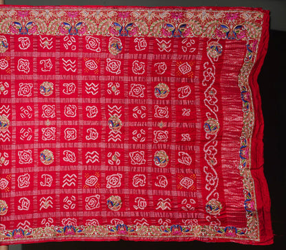 ODHANA 003:  Surkh Red Handcrafted Bandhani Pure Georgette Odhana with Zari Border