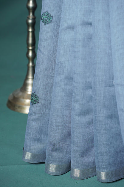 "UTSAV BANARAS 303" Banarasi Grey Chanderi Jamdani Silk Saree with Peacock Narrative Pallu