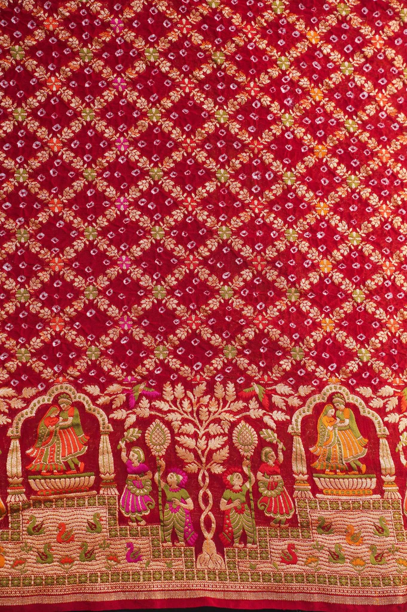 VIRASAT 347: Dulhan Red Banarasi Georgette Silk Bandhani Saree With Meenakari Work on Border