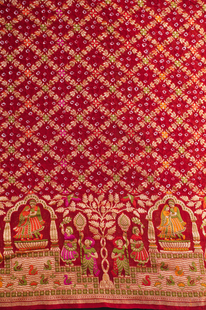 VIRASAT 347: Dulhan Red Banarasi Georgette Silk Bandhani Saree With Meenakari Work on Border