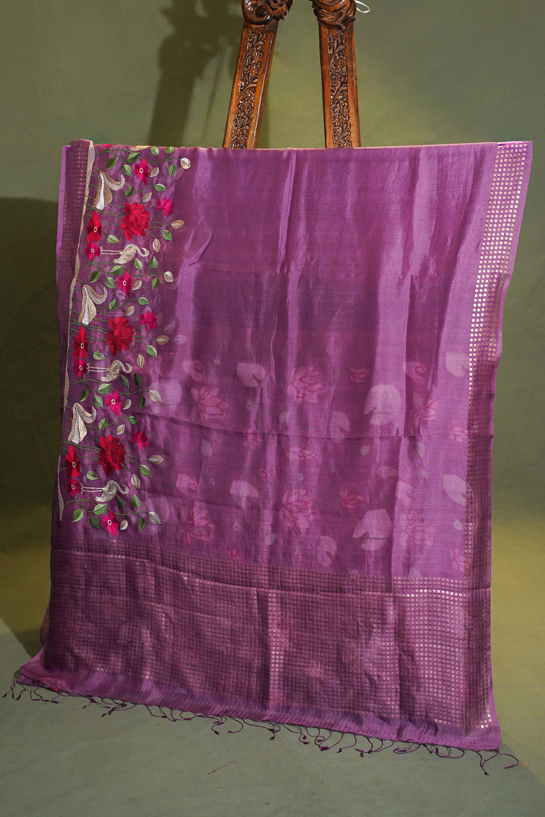 Founder Choice 033 Purple Raw Silk Saree with Floral Embroidered Border &amp; Subtle Butti Weave