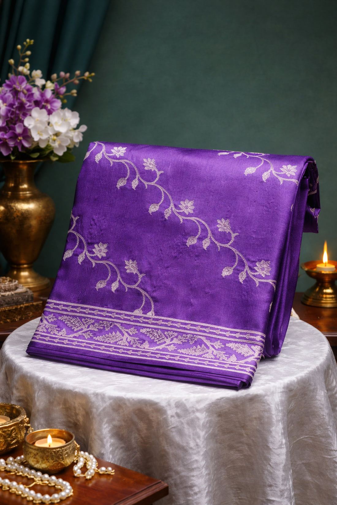 "Founder Choice 004" Banarasi Regal Purple Pure Tusser Silk Saree With Beige Resham Embroidery