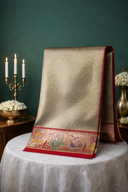 UTSAV BANARAS 353: Ivory Gold Brocade Tissue Silk Saree with Multicolor Peacock Meenakari Zari Border &amp; Palla
