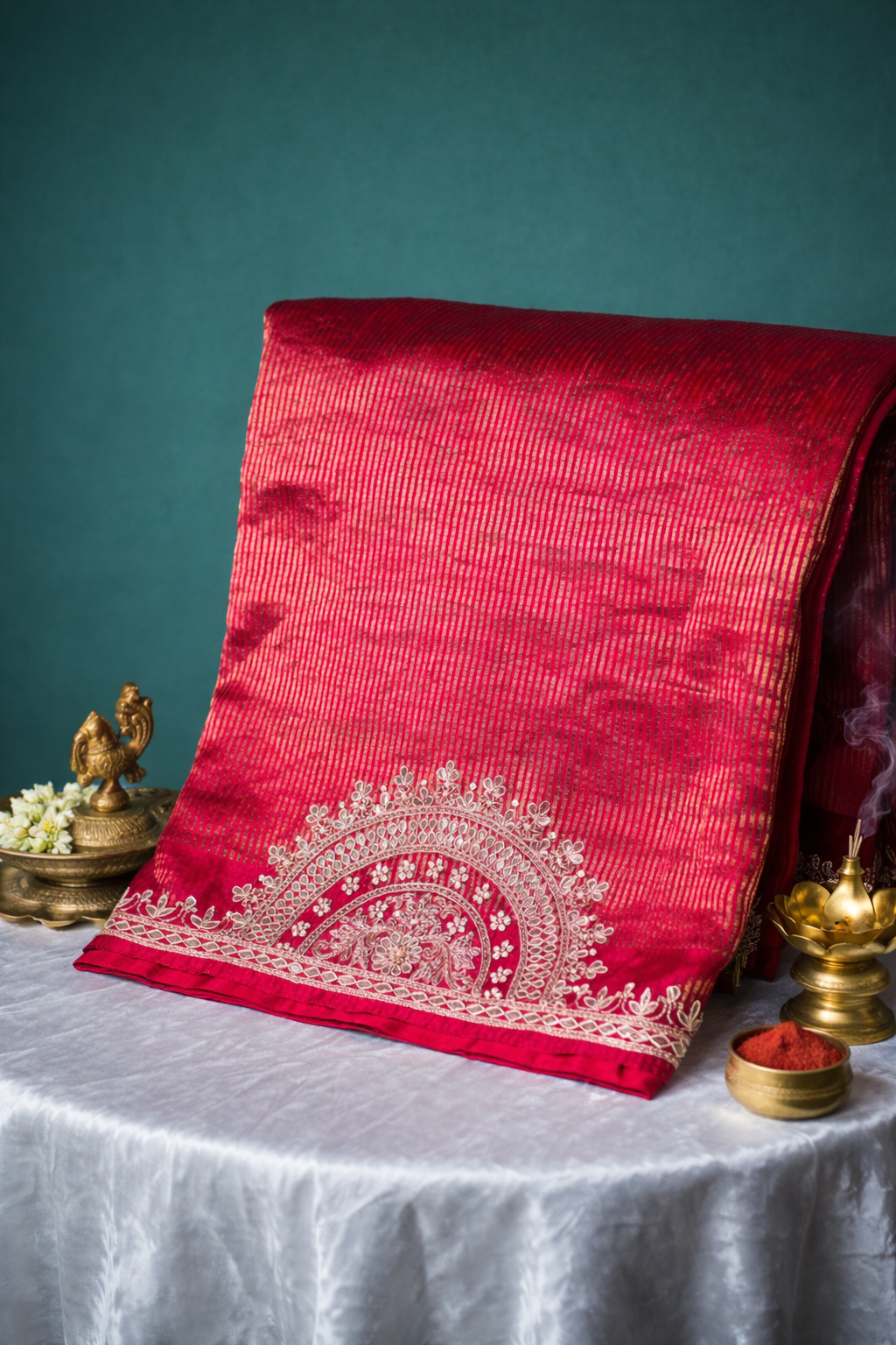Founder Choice 046: Deep Red Pure Silk Designer Saree with Zardozi Gota Patti Fine Work Silk Certified