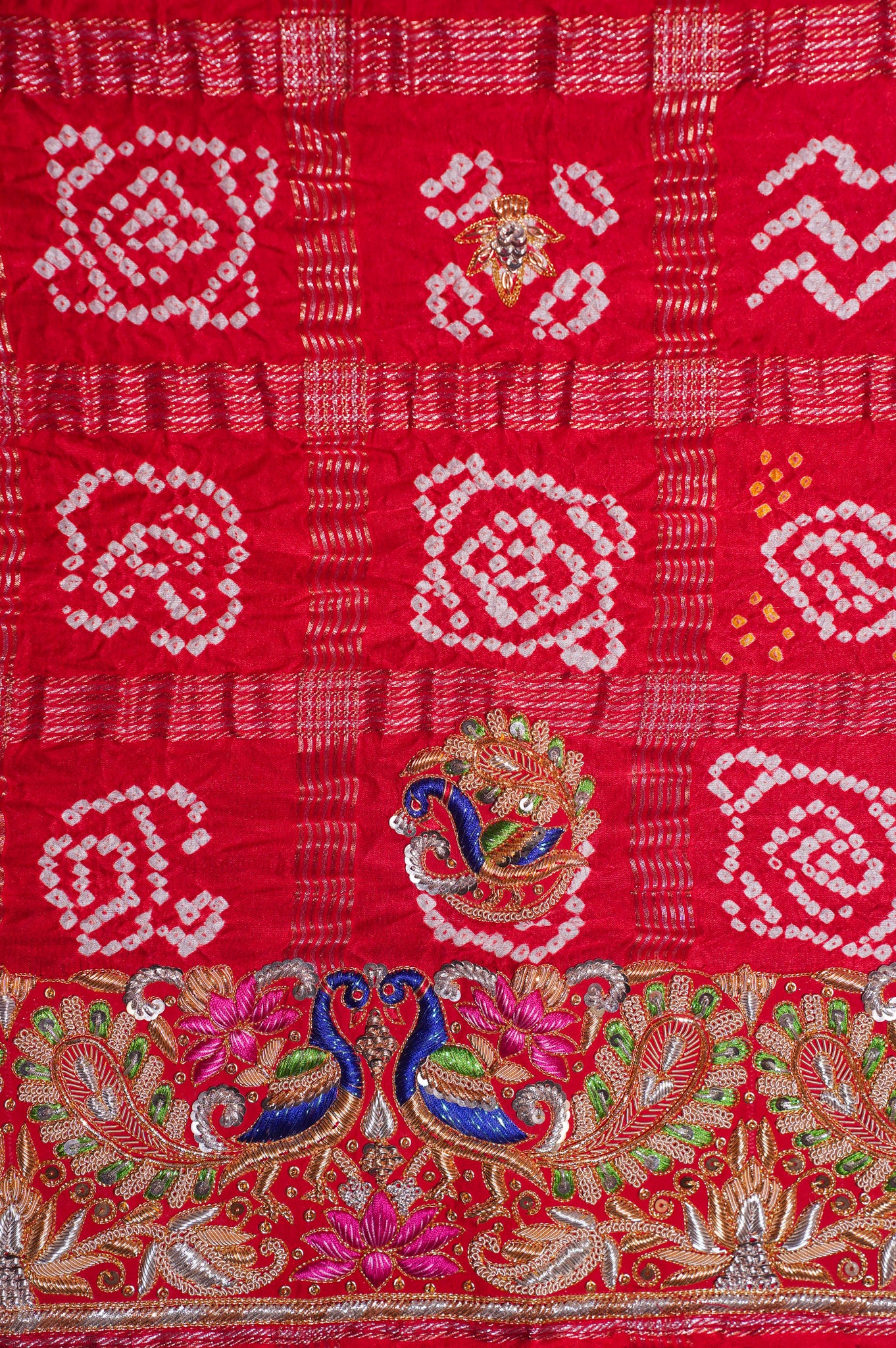 ODHANA 003:  Surkh Red Handcrafted Bandhani Pure Georgette Odhana with Zari Border