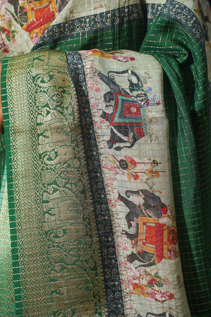 Green Natural Moonga Georgette Saree with Handloom Border