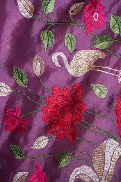 Founder Choice 033 Purple Raw Silk Saree with Floral Embroidered Border &amp; Subtle Butti Weave