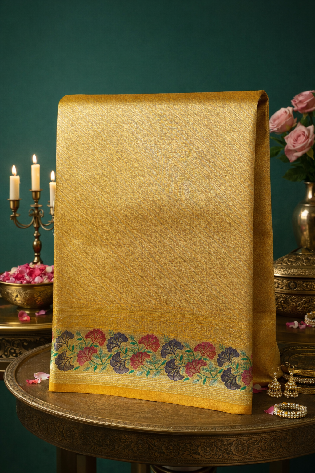 UTSAV BANARAS 349: Mustard Gold Brocade Tissue Silk Saree with Multicolor Meenakari Zari Border