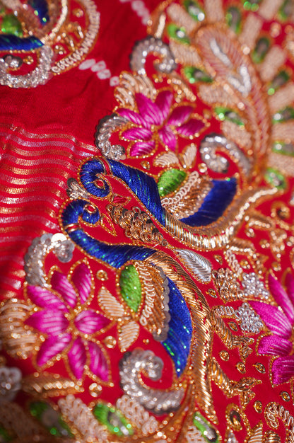 ODHANA 003:  Surkh Red Handcrafted Bandhani Pure Georgette Odhana with Zari Border