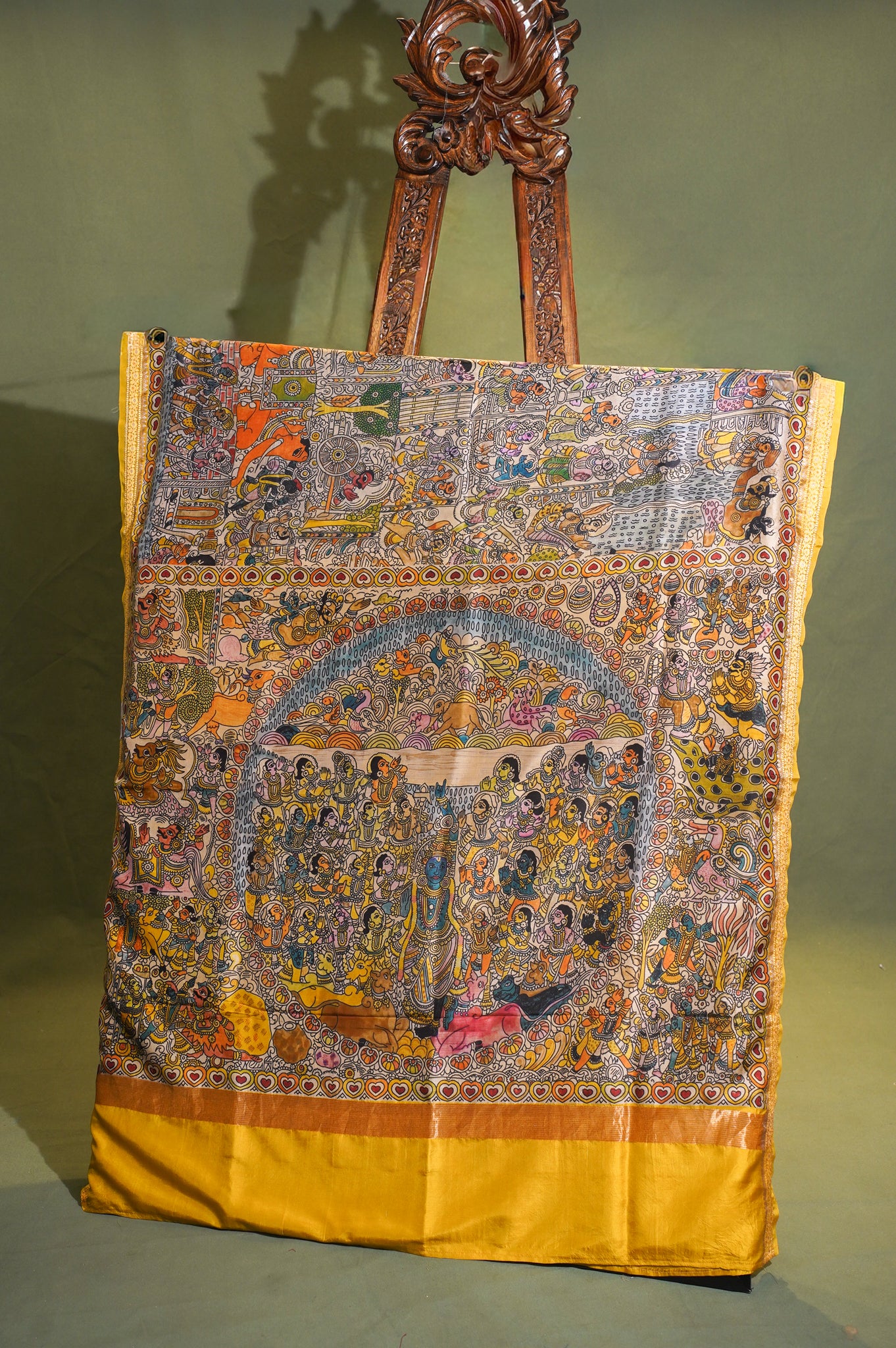 Founder Choice 028 Yellow Kalamkari Soft Silk Saree with Mythological Palla &amp; Zari Border