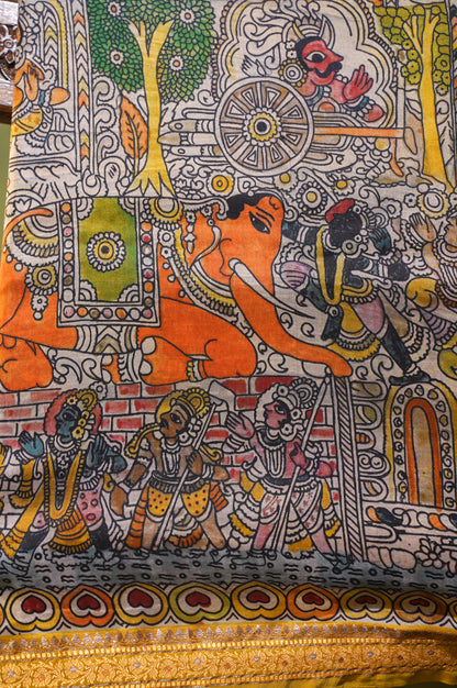 Founder Choice 028 Yellow Kalamkari Soft Silk Saree with Mythological Palla &amp; Zari Border