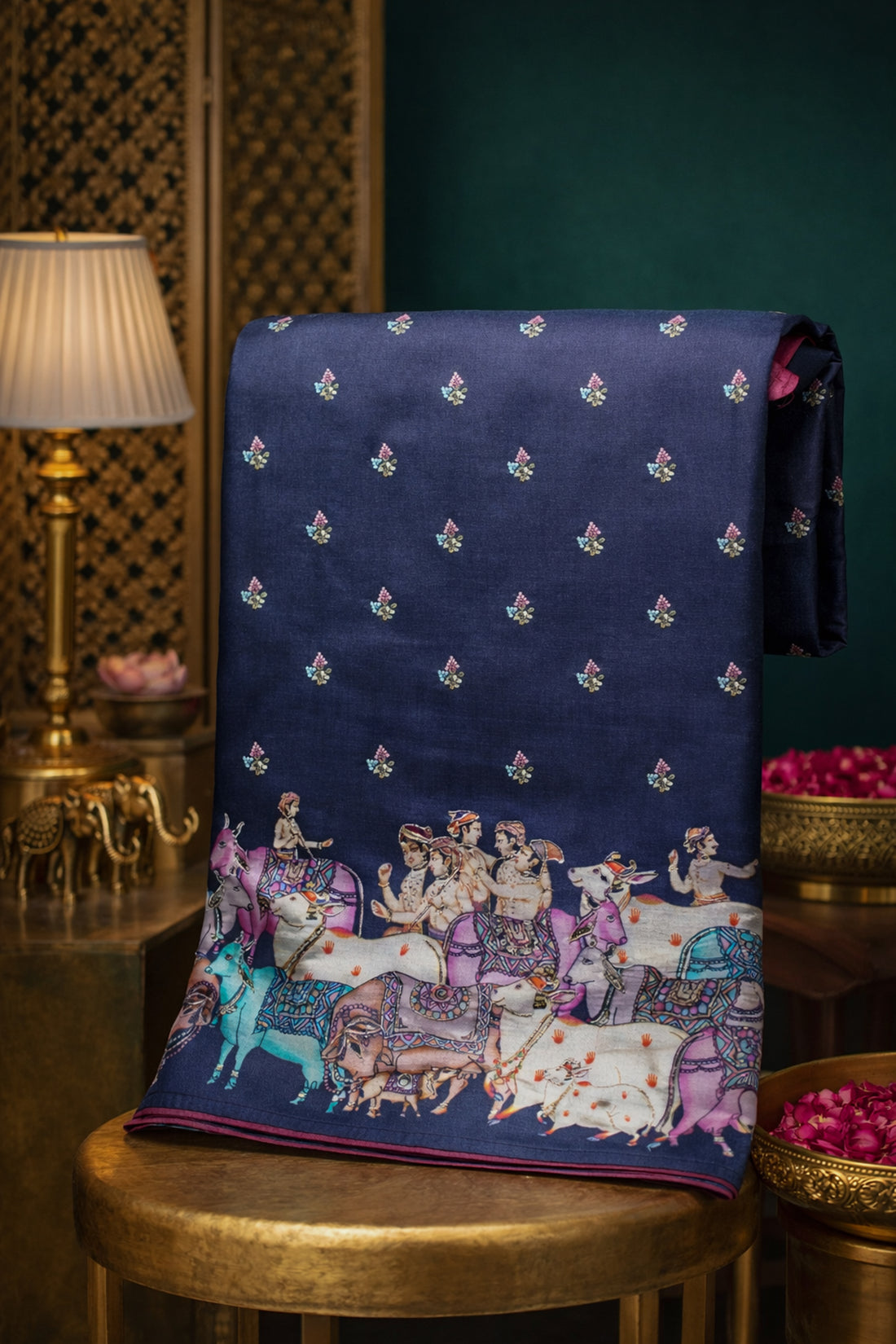 "Founder Choice 012" Banarasi Carbon Color Artistic Handwork Pure Silk Saree With Pichwai Cow Motifs