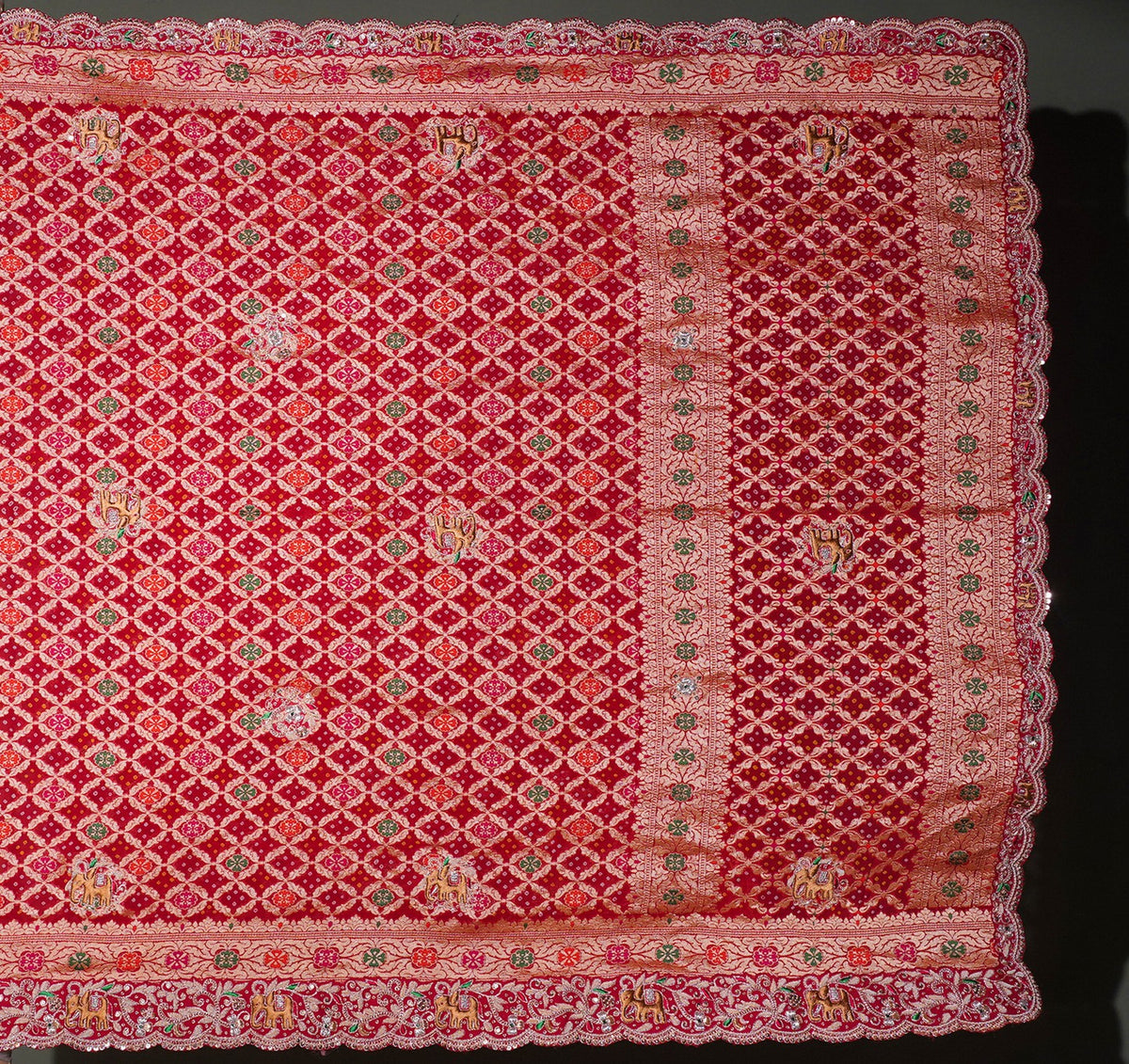 ODHANA 004: Dulhan Red Handcrafted Bandhani Pure Khaddi Georgette Odhana with Zari Border