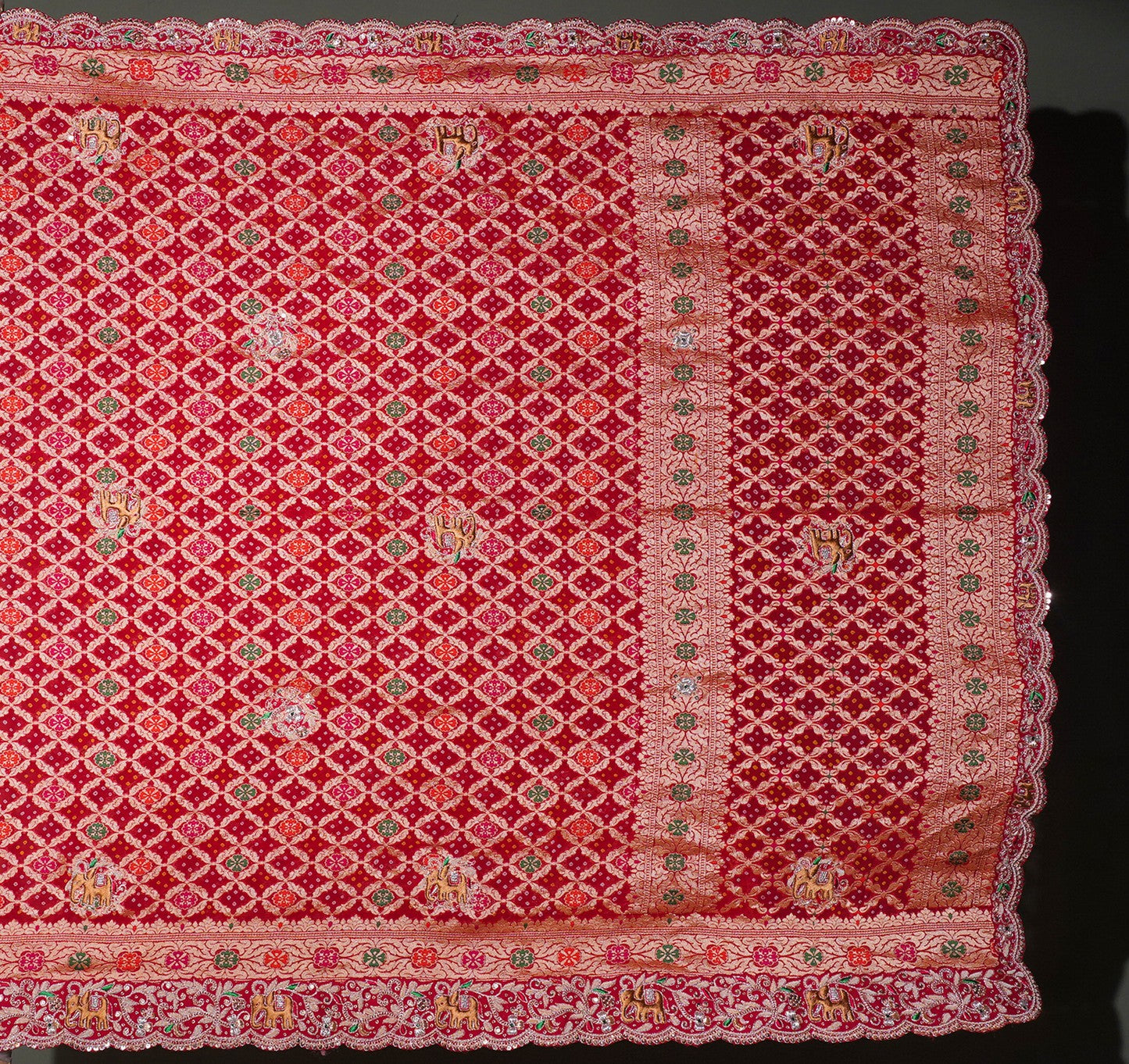 ODHANA 004: Dulhan Red Handcrafted Bandhani Pure Khaddi Georgette Odhana with Zari Border