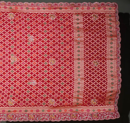 ODHANA 004: Dulhan Red Handcrafted Bandhani Pure Khaddi Georgette Odhana with Zari Border