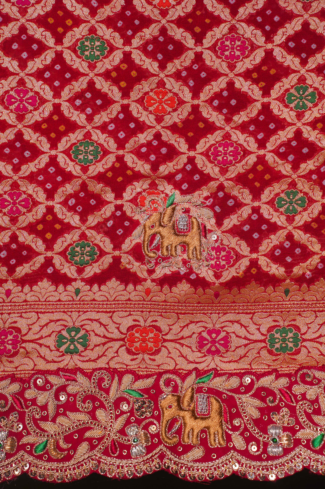 ODHANA 004: Dulhan Red Handcrafted Bandhani Pure Khaddi Georgette Odhana with Zari Border