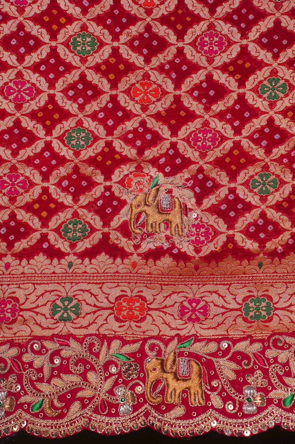 ODHANA 004: Dulhan Red Handcrafted Bandhani Pure Khaddi Georgette Odhana with Zari Border