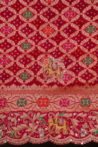 ODHANA 004: Dulhan Red Handcrafted Bandhani Pure Khaddi Georgette Odhana with Zari Border
