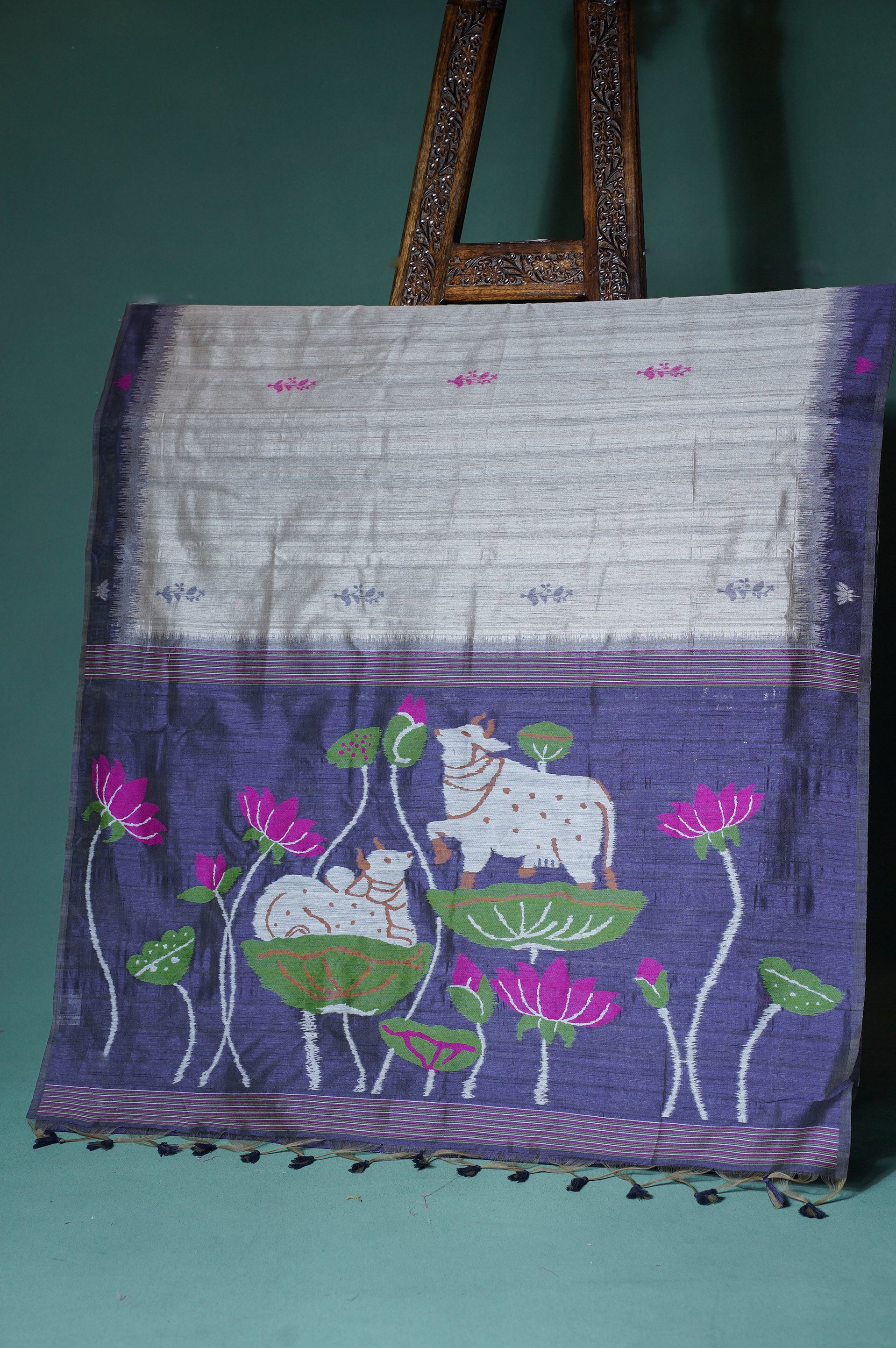 "UTSAV BANARAS 305" Banarasi Navy Blue Contrast Chanderi Jamdani Silk Saree with Pichwai Cow Motifs