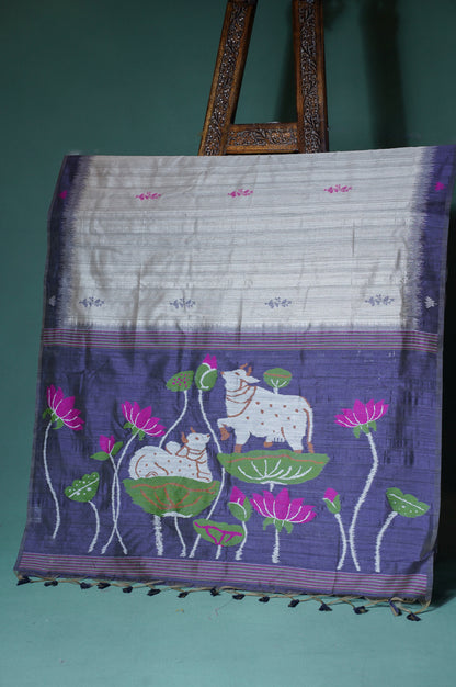 "UTSAV BANARAS 305" Banarasi Navy Blue Contrast Chanderi Jamdani Silk Saree with Pichwai Cow Motifs