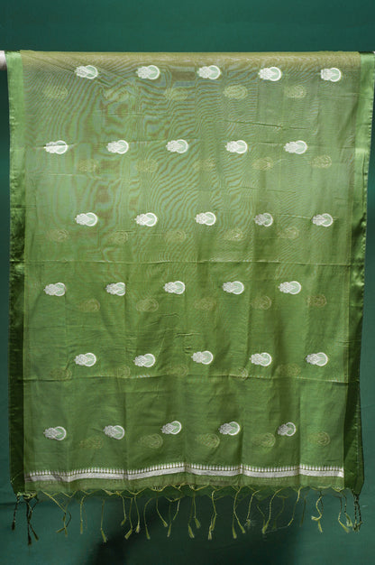 MANSI 119: Olive Green Raw Silk Unstitched Suit Set with Elegant Gold Zari Work