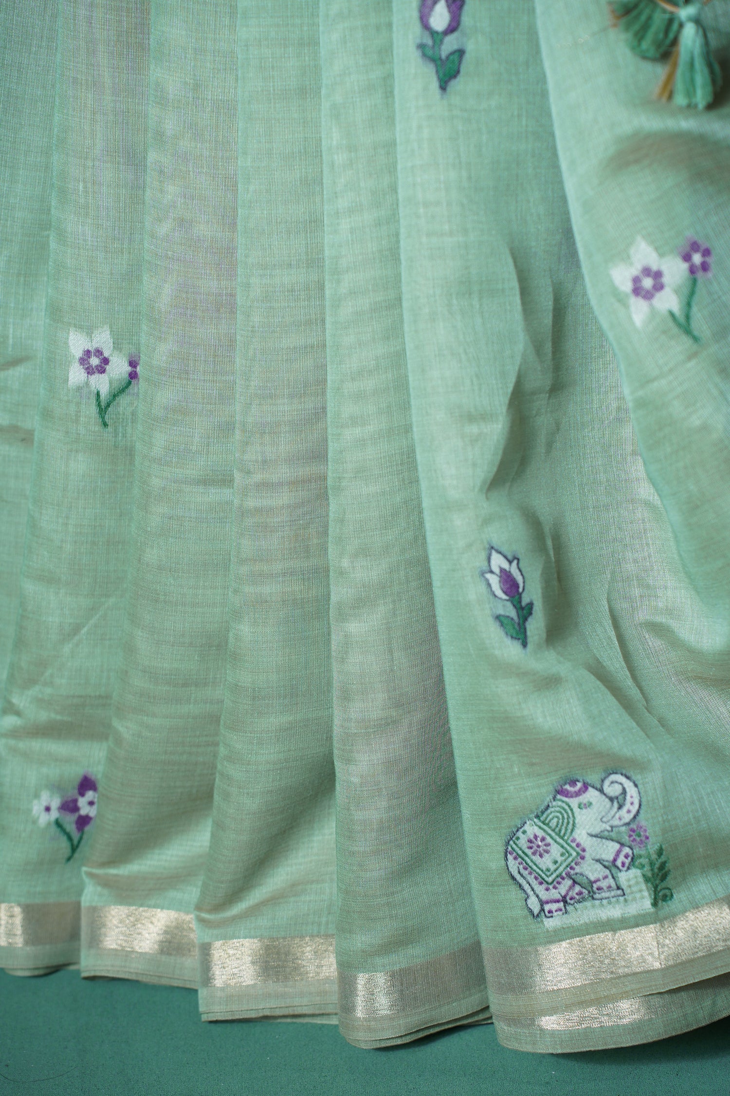 "UTSAV BANARAS 300" Banarasi Pista Chanderi Jamdani Silk Saree with Elephant Narrative Pallu