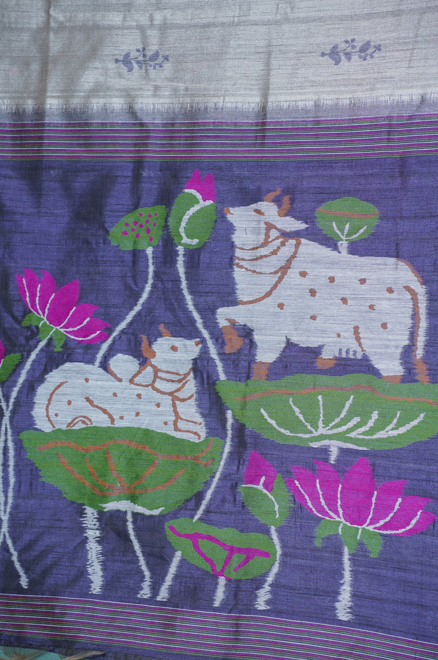 "UTSAV BANARAS 305" Banarasi Navy Blue Contrast Chanderi Jamdani Silk Saree with Pichwai Cow Motifs