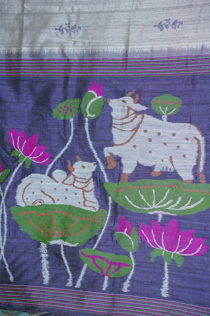 "UTSAV BANARAS 305" Banarasi Navy Blue Contrast Chanderi Jamdani Silk Saree with Pichwai Cow Motifs