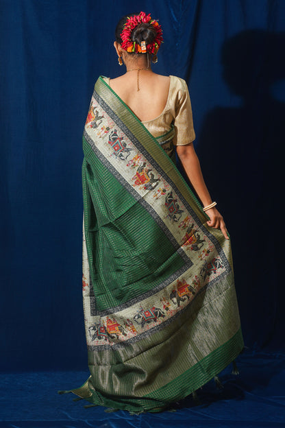 Green Natural Moonga Georgette Saree with Handloom Border