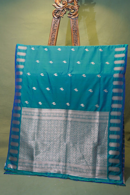 UTSAV BANARAS 328:Teal Green Dual Shade Banarasi Raw Silk Saree with Small Zari Buti, Zari Pallu &amp; Artistic Border
