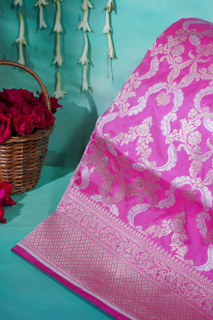 "VIRASAT 103" Dark Pink Pure Kadwa Jaal Banarasi Handloom Saree