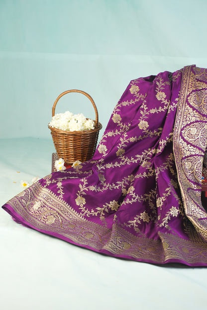 "Waah Banaras 065A" Banarasi Satan Silk Saree With Golden Zari Floral Weaving & Rich Border