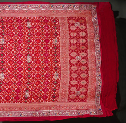 ODHANA 005: Vermilion Red Handcrafted Bandhani Pure Khaddi Georgette Odhana with Zari Border