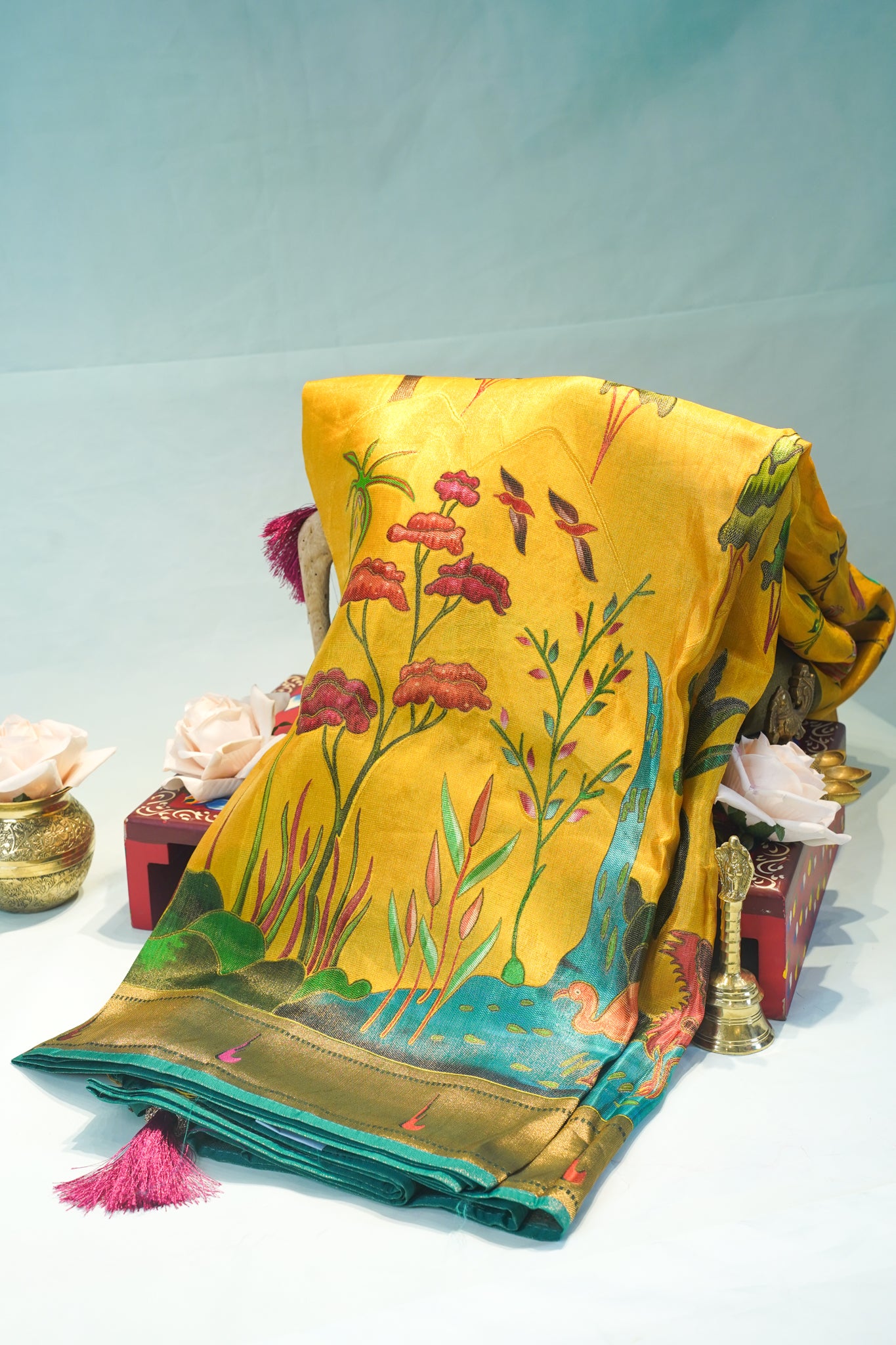 "Waah Banaras 088" Banarasi Vibrant Yellow Meenakari Pashmina Pathni Border Silk Sare