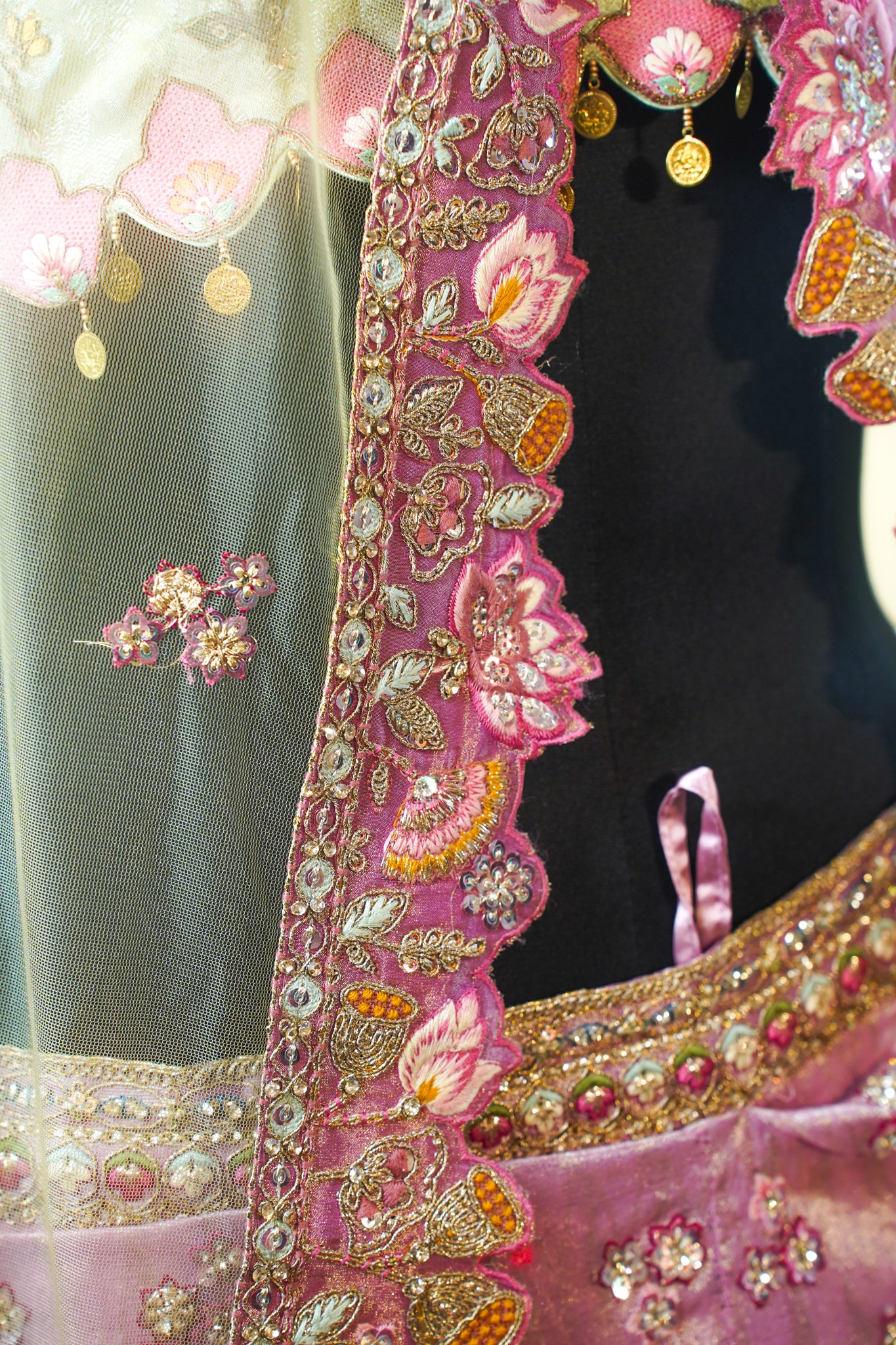 "MANSI 044" Banarasi Tissue Silk Lehenga With AD Stone Work & Cutwork Border