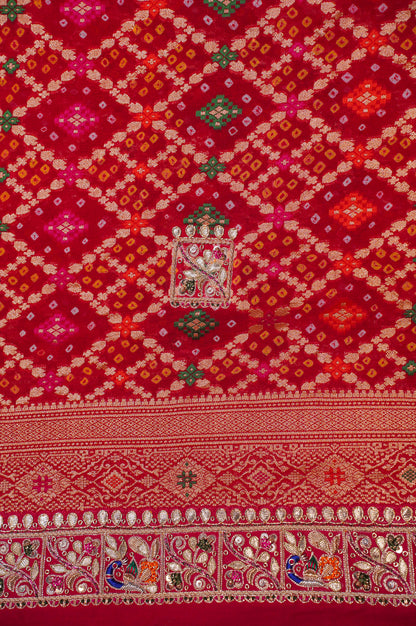 ODHANA 005: Vermilion Red Handcrafted Bandhani Pure Khaddi Georgette Odhana with Zari Border